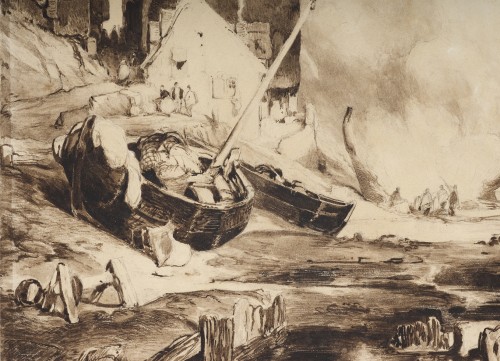Tableaux et dessins Dessin, Aquarelle & Pastel - Le radoub d’une barque à marée basse - 'Eugène Isabey (1803 - 1886)