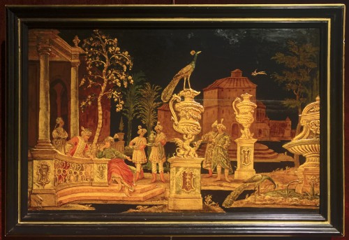 A lacquered wooden panel representing a Turquerie