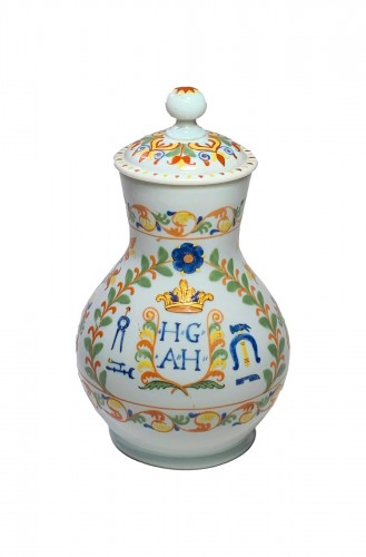 Milk glass pitcher with enamel ornaments