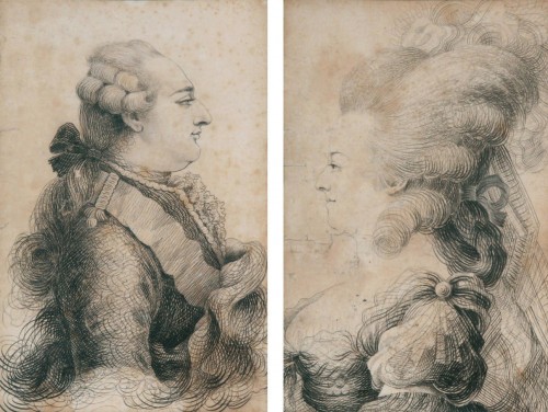 A pair of calligraphy portraits representing Louis XVI and Marie-Antoinette