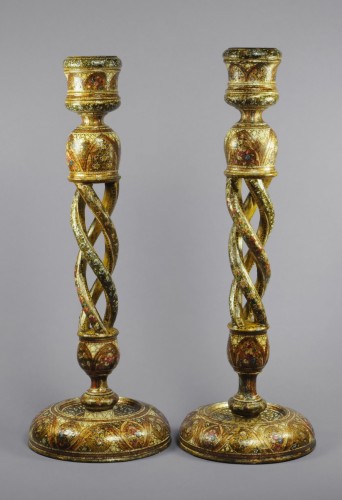 A pair of large Indian Kashmir lacquered open twist candlesticks - Lighting Style 