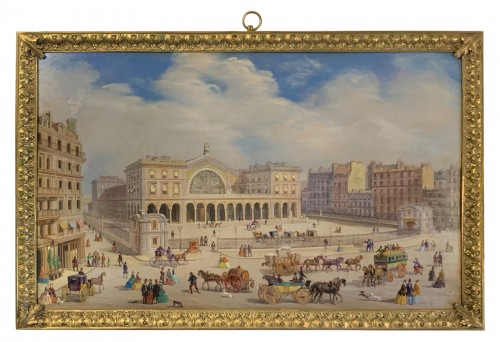 Vue animée de la gare de l'Est à Paris - Huile sur cuivre