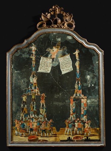 A rare painted mirror representing the traditional game called Forze Ercole - Mirrors, Trumeau Style 