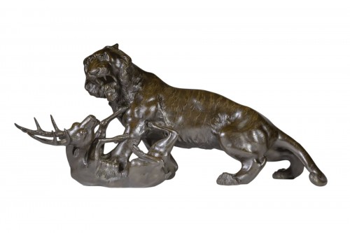 Japanese Bronze By Akimitsu - Tiger Attacking A Stag