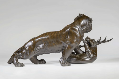 Japanese Bronze By Akimitsu - Tiger Attacking A Stag - Asian Works of Art Style 