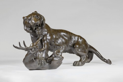 Asian Works of Art  - Japanese Bronze By Akimitsu - Tiger Attacking A Stag