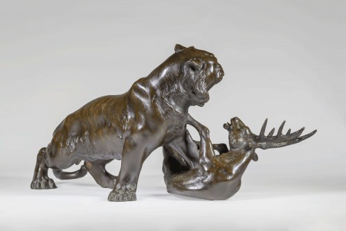 Japanese Bronze By Akimitsu - Tiger Attacking A Stag - 