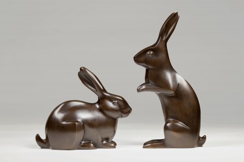 Japanese bronzes signed Kabuki HIDEAKI (SHUMEI) – Rabbits - Asian Works of Art Style 