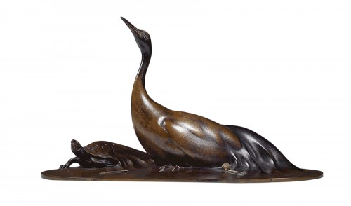 Minogame et grue, Bronze Japonais de Katô TATSUO