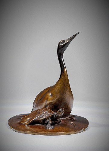 Minogame and Cranen Japanese Bronze by Katô TATSUO - 