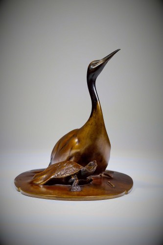 Antiquités - Minogame and Cranen Japanese Bronze by Katô TATSUO