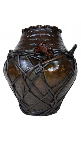 Japanese Hammered Bronze Vase with Natural Bamboo and Crab Motifs