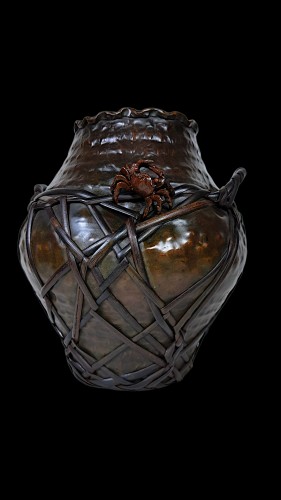 Japanese Hammered Bronze Vase with Natural Bamboo and Crab Motifs - Asian Works of Art Style 