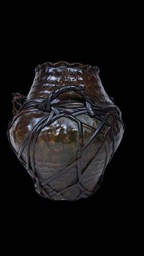 Asian Works of Art  - Japanese Hammered Bronze Vase with Natural Bamboo and Crab Motifs