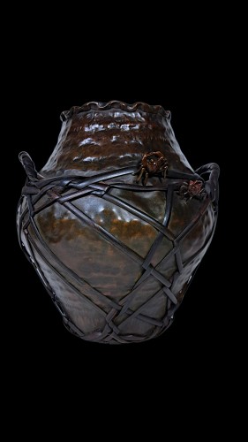 Japanese Hammered Bronze Vase with Natural Bamboo and Crab Motifs - 