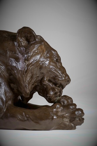 XXe siècle - Bronze Japonais de Kondo SHOSHIN (MASAZANE) - Tigre léchant ses pattes