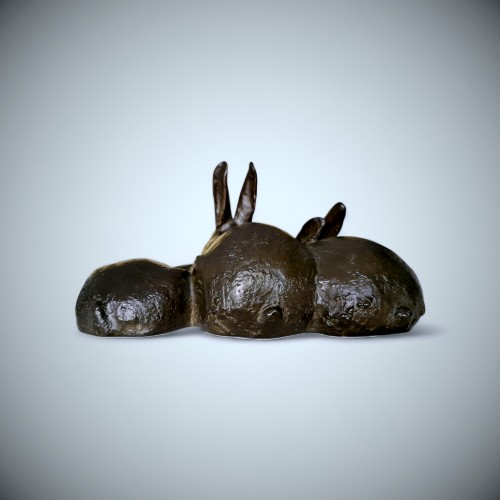 XXe siècle - Trois lapins, Bronze japonais de Misawa HIROSHI