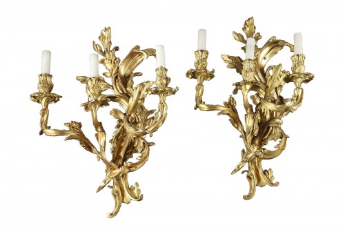  Pair of Rocaille Style Gilded Bronze Wall-Lights, France Circa 1880