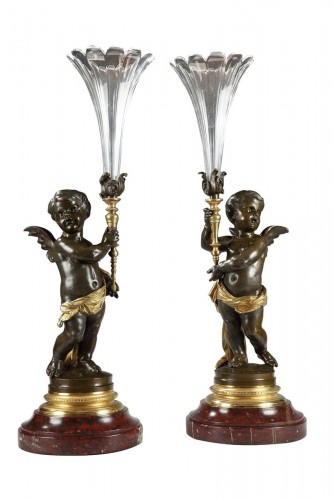 Pair of Cupids Holding Trumpet Vases by V. Paillard, France, Circa 1860