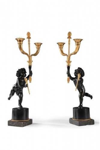Pair of Bronze Candelabras "Aux Amours", France circa 1800