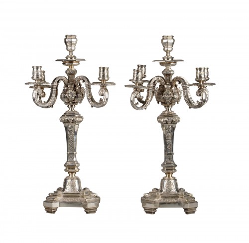 Pair of Louis XIV Style Silvered Bronze Candelabras, France, Circa 1880