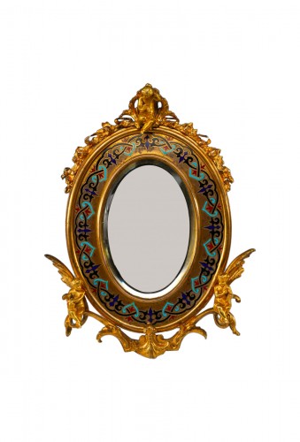 &quot;Champleve&quot; Enamel Table Mirror attributed to A. Giroux, FrFrance circa 1880