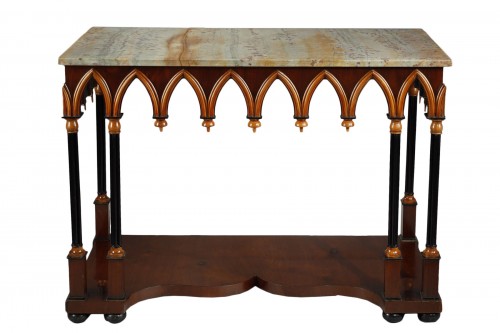 Neo-Gothic Wooden and Marble Console Table, France circa 1830