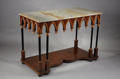 19th century - Neo-Gothic Wooden and Marble Console Table, France circa 1830