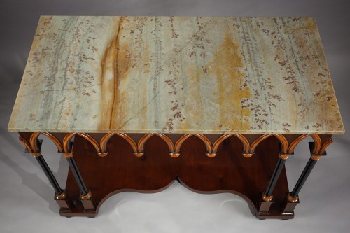 Neo-Gothic Wooden and Marble Console Table, France circa 1830 - Restauration - Charles X
