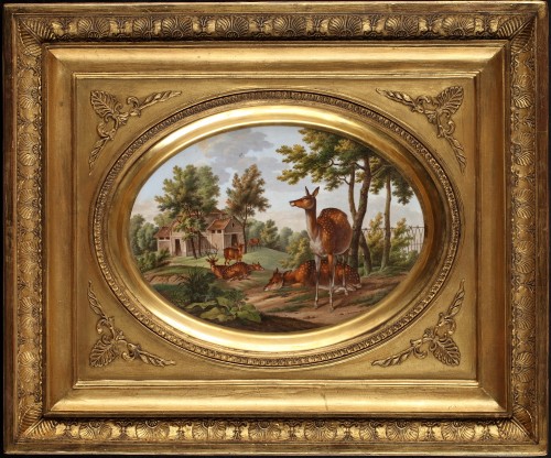 Plaque en porcelaine de Paris "Scène Champêtre aux Daims" par Saunier, France 1819
