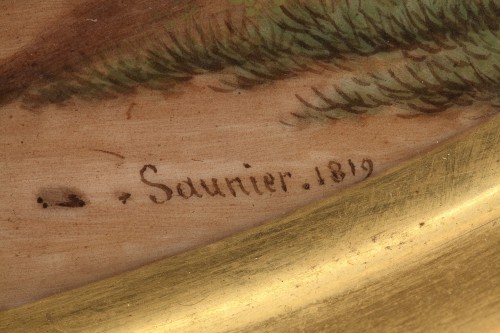 XIXe siècle - Plaque en porcelaine de Paris "Scène Champêtre aux Daims" par Saunier, France 1819