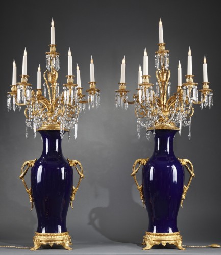 Pair of &quot;Sèvres style&quot; Porcelain &amp; Gilt Bronze Candelabra Vases, France circa 1880 - Lighting Style Napoléon III