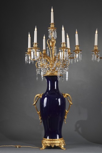 Lighting  - Pair of &quot;Sèvres style&quot; Porcelain &amp; Gilt Bronze Candelabra Vases, France circa 1880