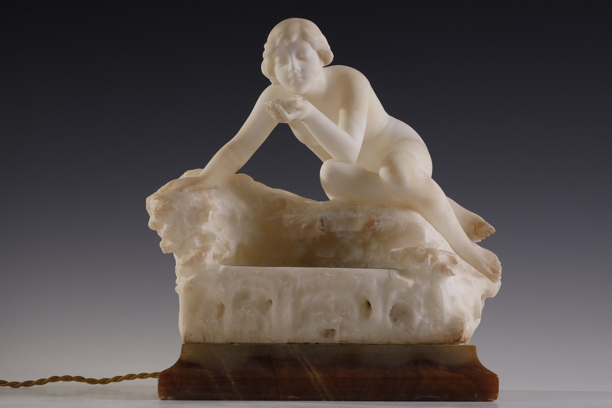 ITALIAN SCHOOL ALABASTER SCULPTURE, BOY FISHING, Ahlers And Ogletree