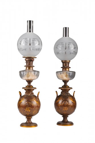 Paire de lampes Néo-Grecques signées F. Levillain inv. et F. Barbedienne, France circa 1880