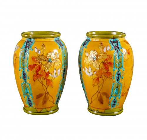 Pair of Vases with Bouquets, Gien Manufacture, France, Circa 1880