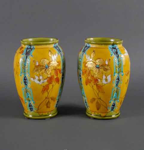 Porcelain & Faience  - Pair of Vases with Bouquets, Gien Manufacture, France, Circa 1880