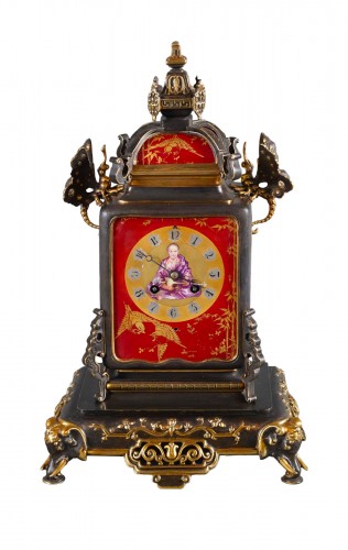 « The Musician » Japonisme Clock attributed to L'Escalier de Cristal, FR, circa 1890