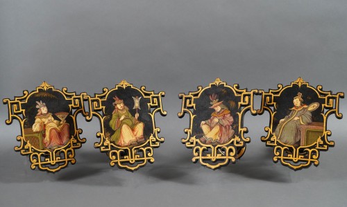 Pair of “Chinoiserie” Pelmets &amp; their 4 Tieback Holders, France circa 1870 - 