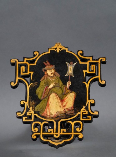 Antiquités - Paire de cantonnières chinoisantes & leurs quatre porte-embrasses, France circa 1870