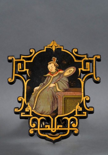 Antiquités - Paire de cantonnières chinoisantes & leurs quatre porte-embrasses, France circa 1870