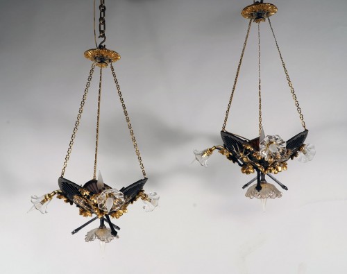 Paire de lustres japonisants par E. Soleau, France circa 1900 - Tobogan Antiques
