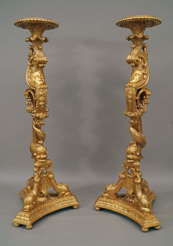 Pair of « Dolphins » Torcheres holders, France, Circa 1860 - Lighting Style Napoléon III