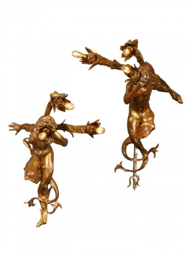 G. de Kerveguen, "Triton and Mermaid" Sconces, France Circa 1890