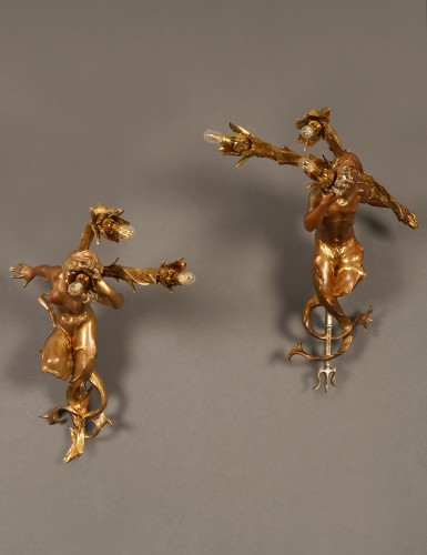 Lighting  - G. de Kerveguen, "Triton and Mermaid" Sconces, France Circa 1890