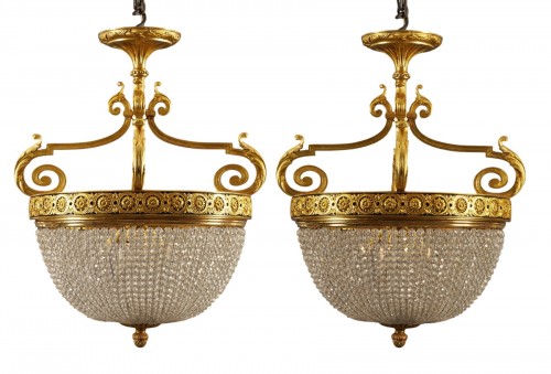 Bagues, Pair of gilt bronze basket chandeliers, France Circa 1880