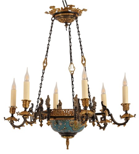 Lustre Japonisant en bronze doré et porcelaine, France circa 1860