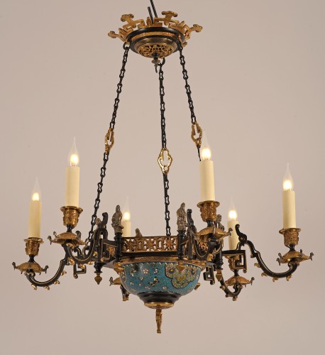 Lighting  - A Gilt Bronzeand Porcelain Japonist Chandelier, France Circa 1860