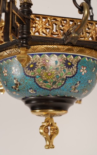 Antiquités - A Gilt Bronzeand Porcelain Japonist Chandelier, France Circa 1860
