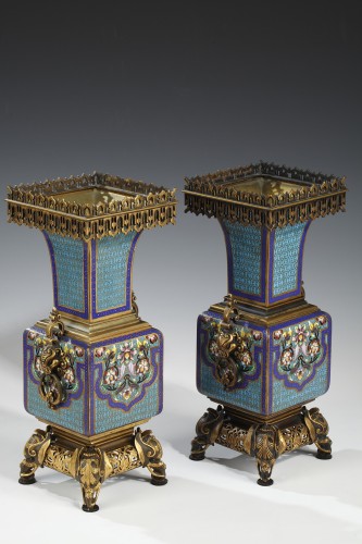 Decorative Objects  - Pair of Cloisonne enamel Vases Attributed to A. Giroux, France, Circa 1860